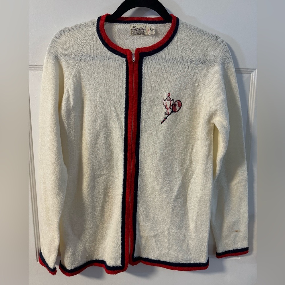 60s Tennis Trophy Preppy Vintage Cream Zip Up Cardigan Red & Blue Sportswear